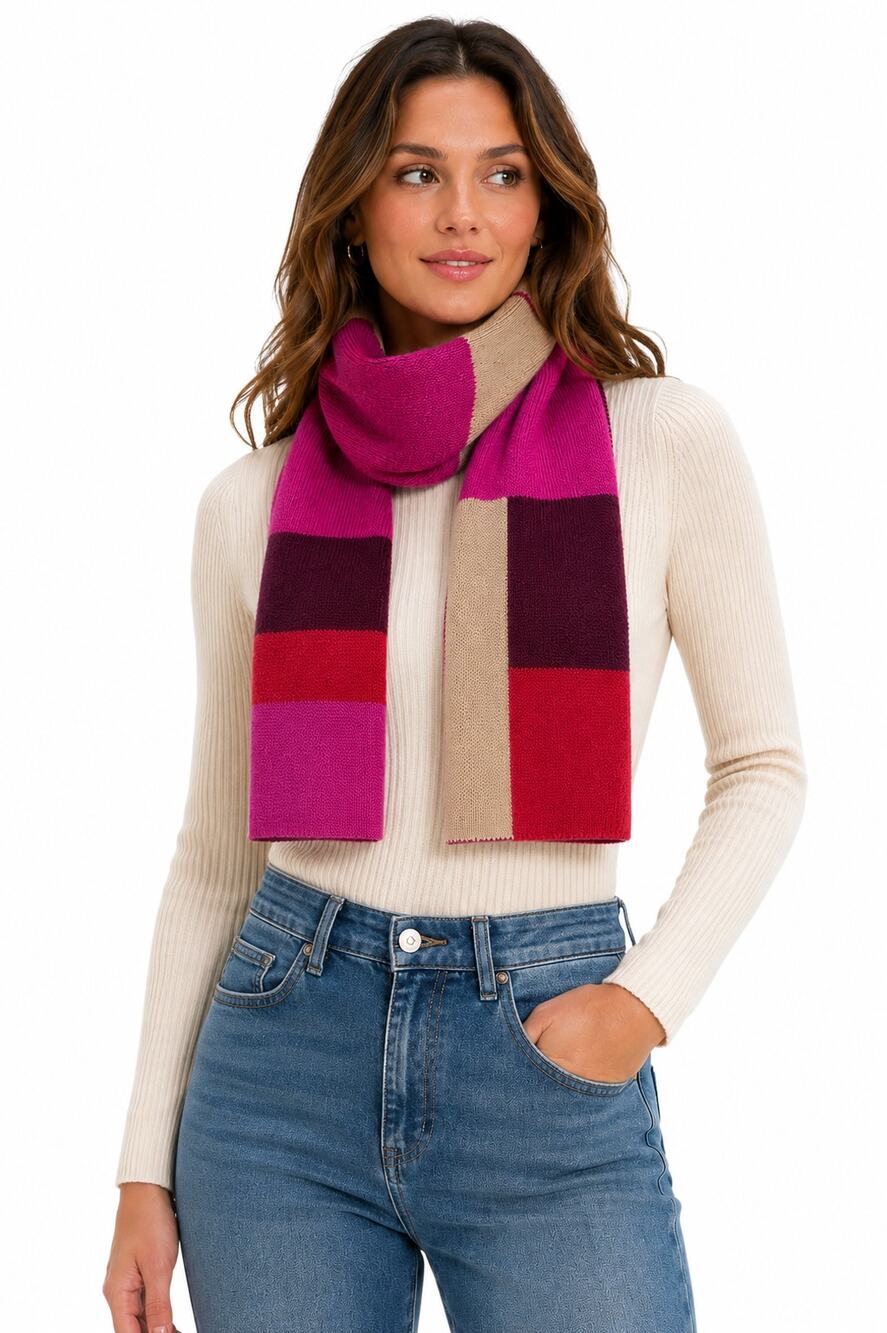 Côté Femme Colorblock Knit Scarf Pink Burgundy Red Cream Winter